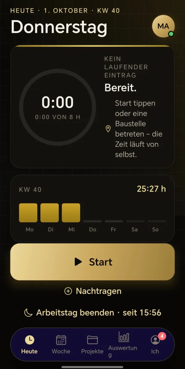 time2lock-App, Zeit läuft am Projekt (Beispiel, fiktive Daten)