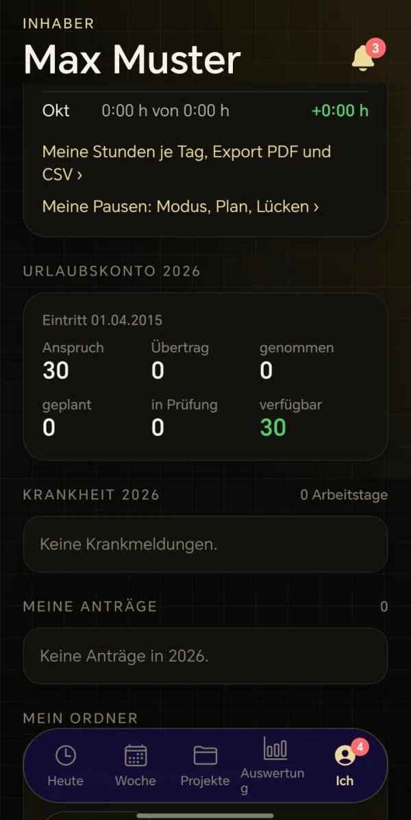 time2lock-App, Urlaubskonto und Anträge (Beispiel, fiktive Daten)