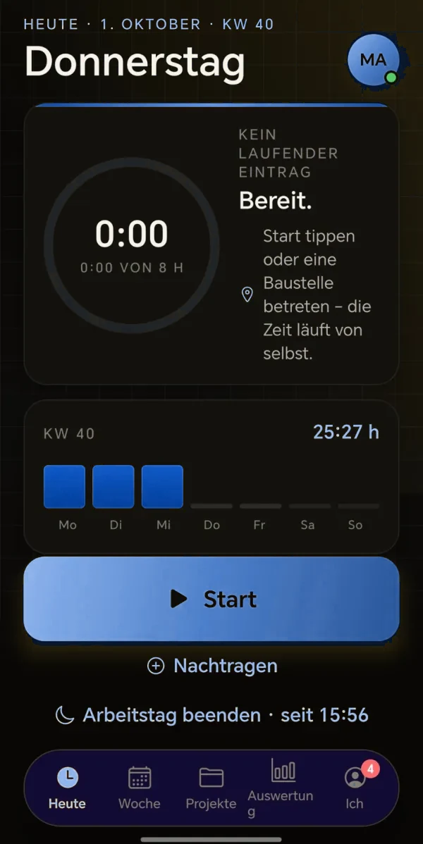 time2lock-App in einer Beispiel-Firmenfarbe Blau (fiktive Daten)