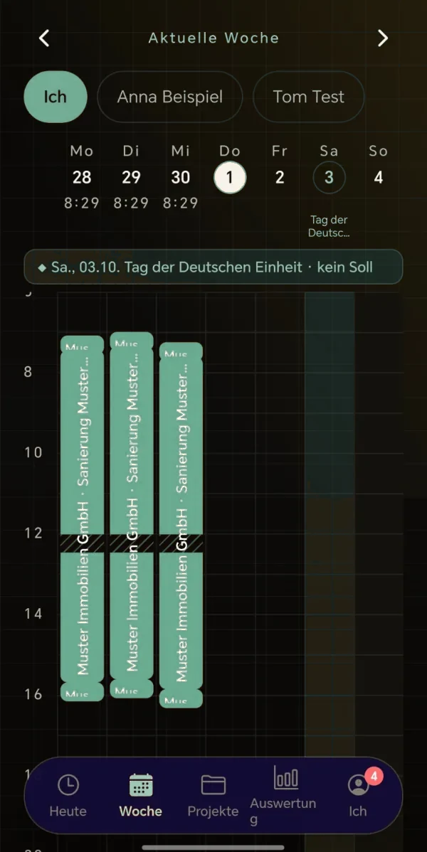 time2lock-App in einer Beispiel-Firmenfarbe Grün (fiktive Daten)